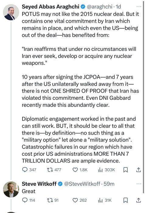 واکنش نماینده ترامپ به توییت عراقچی و حذف پاسخ خود پس از ساعتی