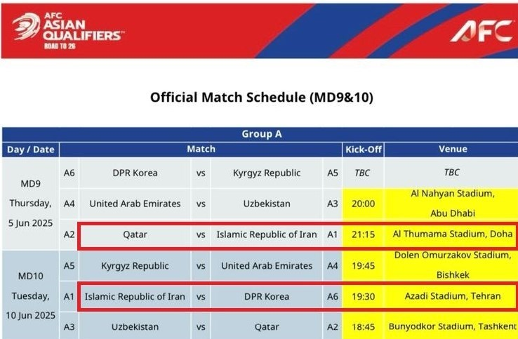 اعلام ساعت برگزاری ۲ دیدار تیم ملی فوتبال در انتخابی جام جهانی ۲۰۲۶