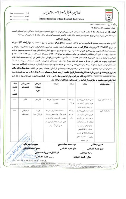 محرومیت خلیلزاده، کسر امتیاز از چادرملو و محرومیت تعلیقی خداداد و پیروانی