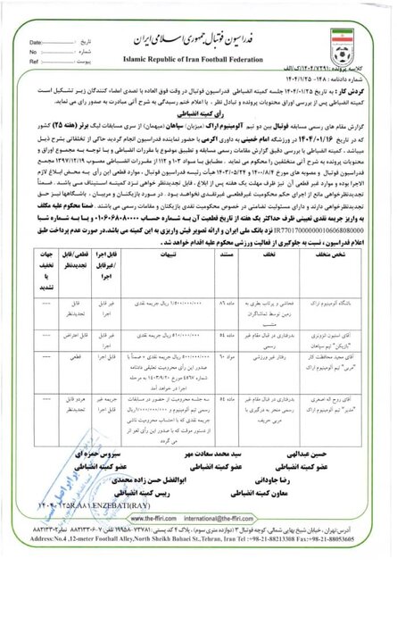 محرومیت خلیلزاده، کسر امتیاز از چادرملو و محرومیت تعلیقی خداداد و پیروانی