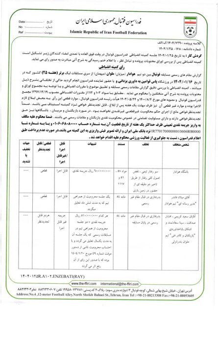 محرومیت خلیلزاده، کسر امتیاز از چادرملو و محرومیت تعلیقی خداداد و پیروانی