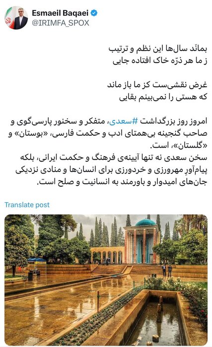بقائی: سخن سعدی منادی نزدیکی جان‌های امیدوار و باورمند به انسانیت و صلح است