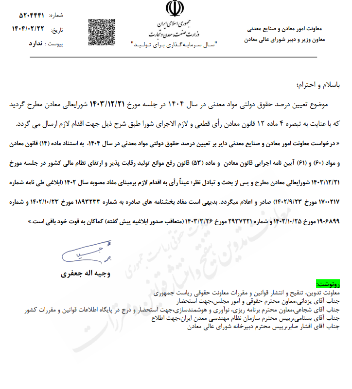 تعیین درصد حقوق دولتی مواد معدنی بر مبنای مصوبه ۱۴۰۲