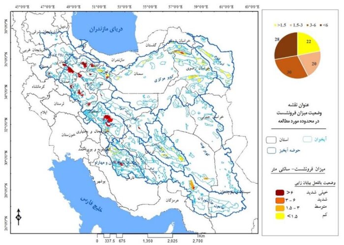 پهنه‌بندی شدت تخریب سرزمین، نرخ فرونشست در کل محدوده مطالعاتی به تفکیک حوضه‌های آبریز