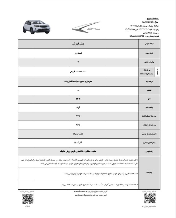 قیمت جدید خودروی BAC X3 Pro توسط خودروسازان بم اعلام شد
