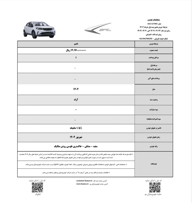قیمت جدید خودروی BAC X3 Pro توسط خودروسازان بم اعلام شد