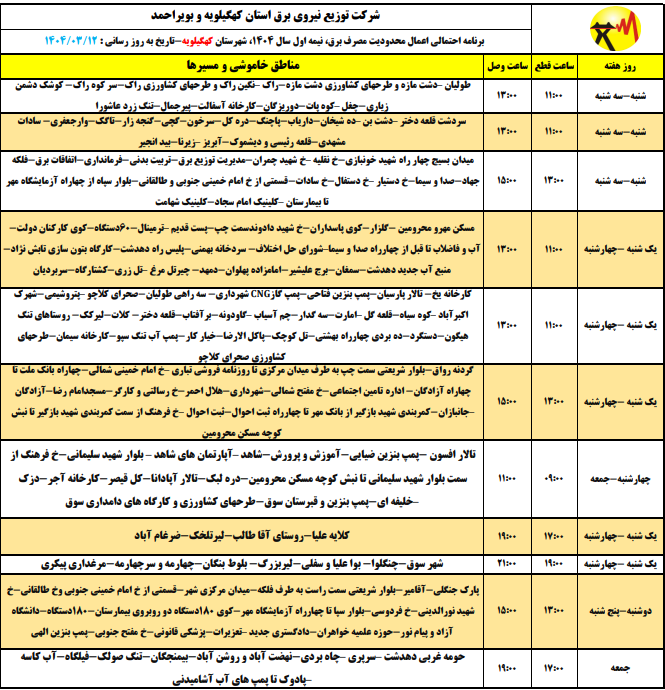 اعلام جدول خاموشی برق کهگیلویه و بویراحمد در فصل گرم