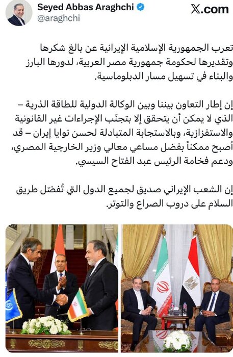 قدردانی عراقچی از نقش دولت مصر در تسهیلات روند دیپلماسی