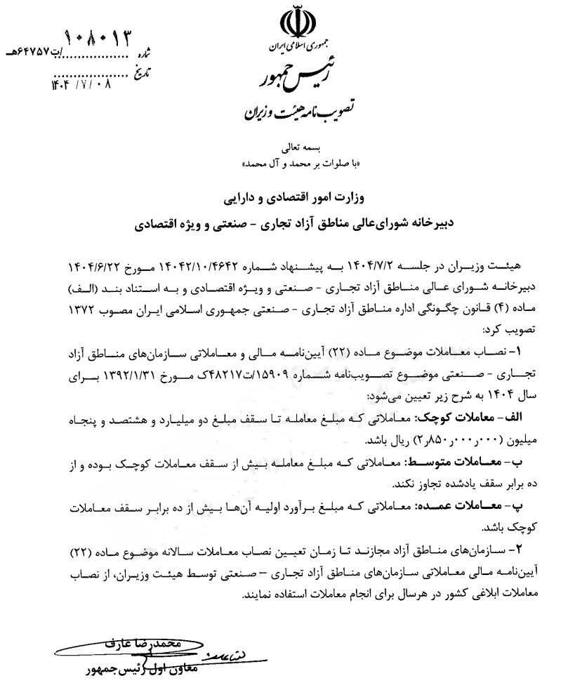 نصاب معاملات امسال مناطق آزاد ۲۸۵ میلیون تومان تعیین شد