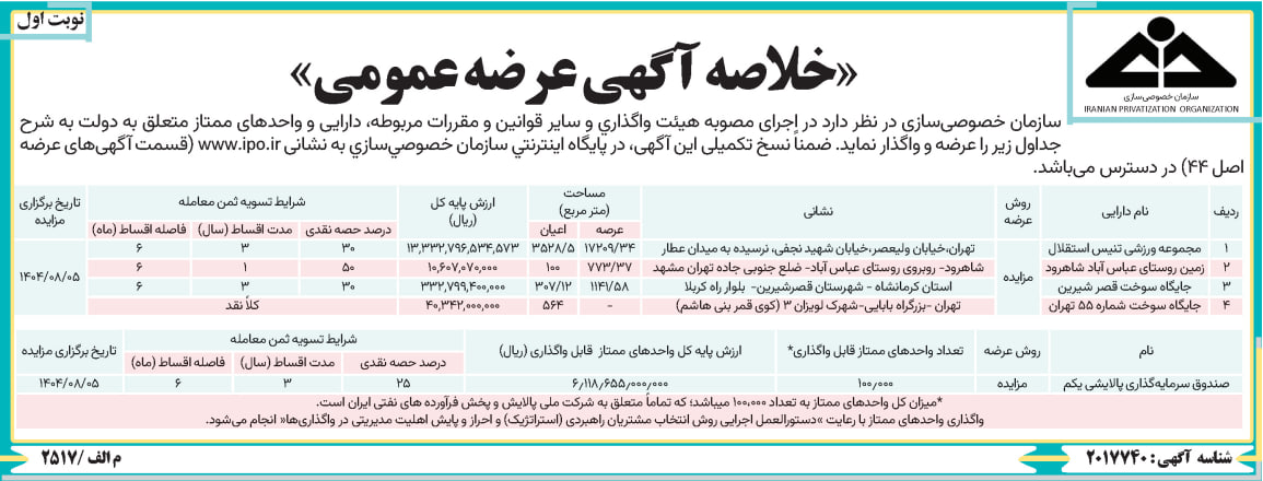 واگذاری داراییهای دولت سرعت گرفت/مزایده زمین استقلال و پالایشی یکم
