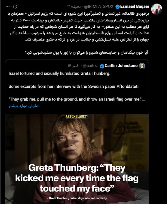 واکنش وزارت خارجه به شکنجه شهروند سوئدی حامی فلسطین توسط نظامیان اسراییل
