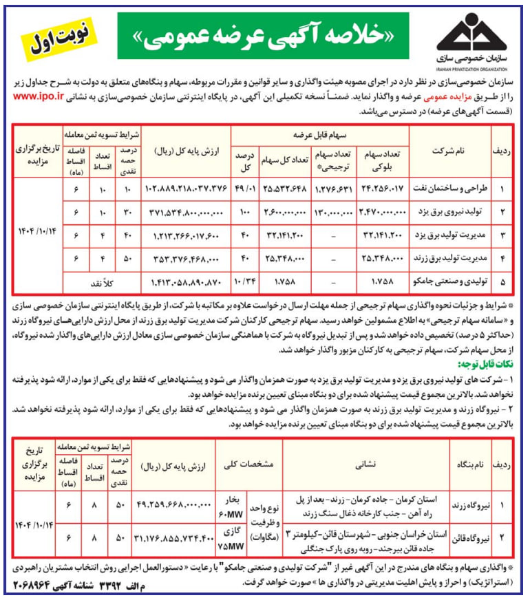 یک شرکت نفتی و چند نیروگاه دولتی از طریق مزایده به فروش میرسند