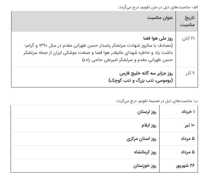 ماده واحده تعیین مناسبتهای جدید برای درج در تقویم رسمی کشور ابلاغ شد