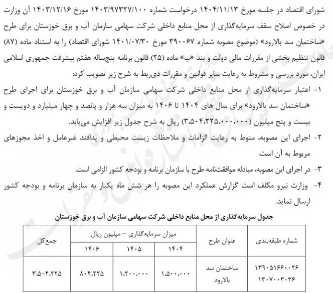 سقف سرمایه گذاری دولت برای بهینه سازی سه سد مهم کشور افزایش یافت