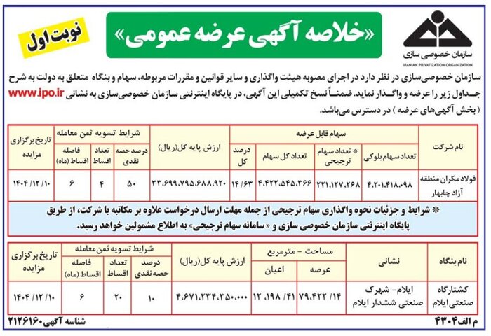 فولاد مکران و کشتارگاه ایلام به مزایده گذاشته شد