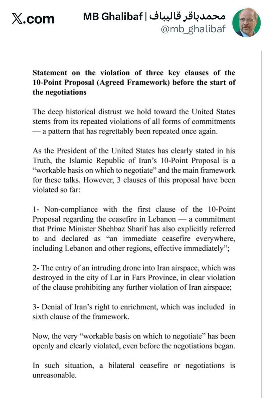 ‘Unreasonable’ to hold talks after three violations of truce: Ghalibaf