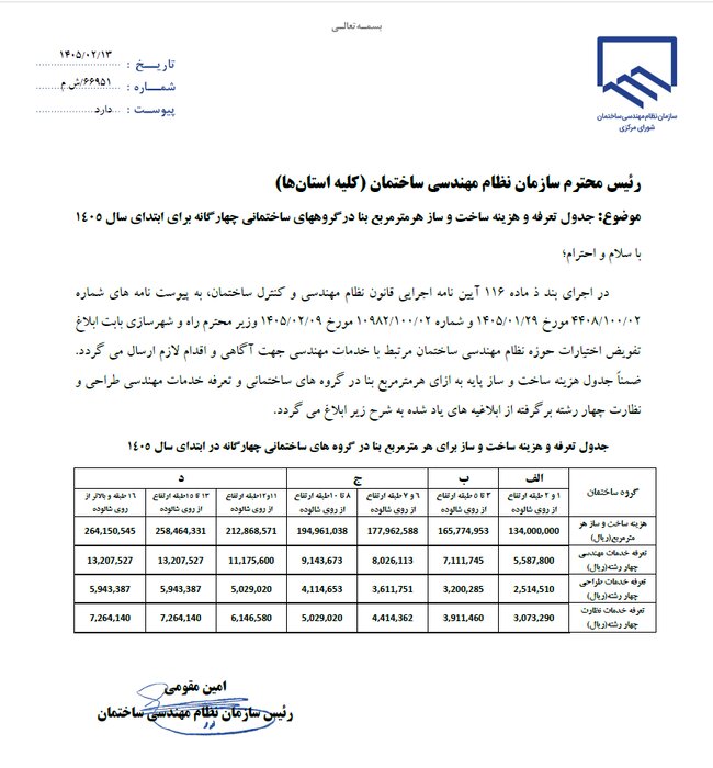 جدول هزینه ساخت و تعرفه خدمات مهندسی سال ۱۴۰۵ ابلاغ شد