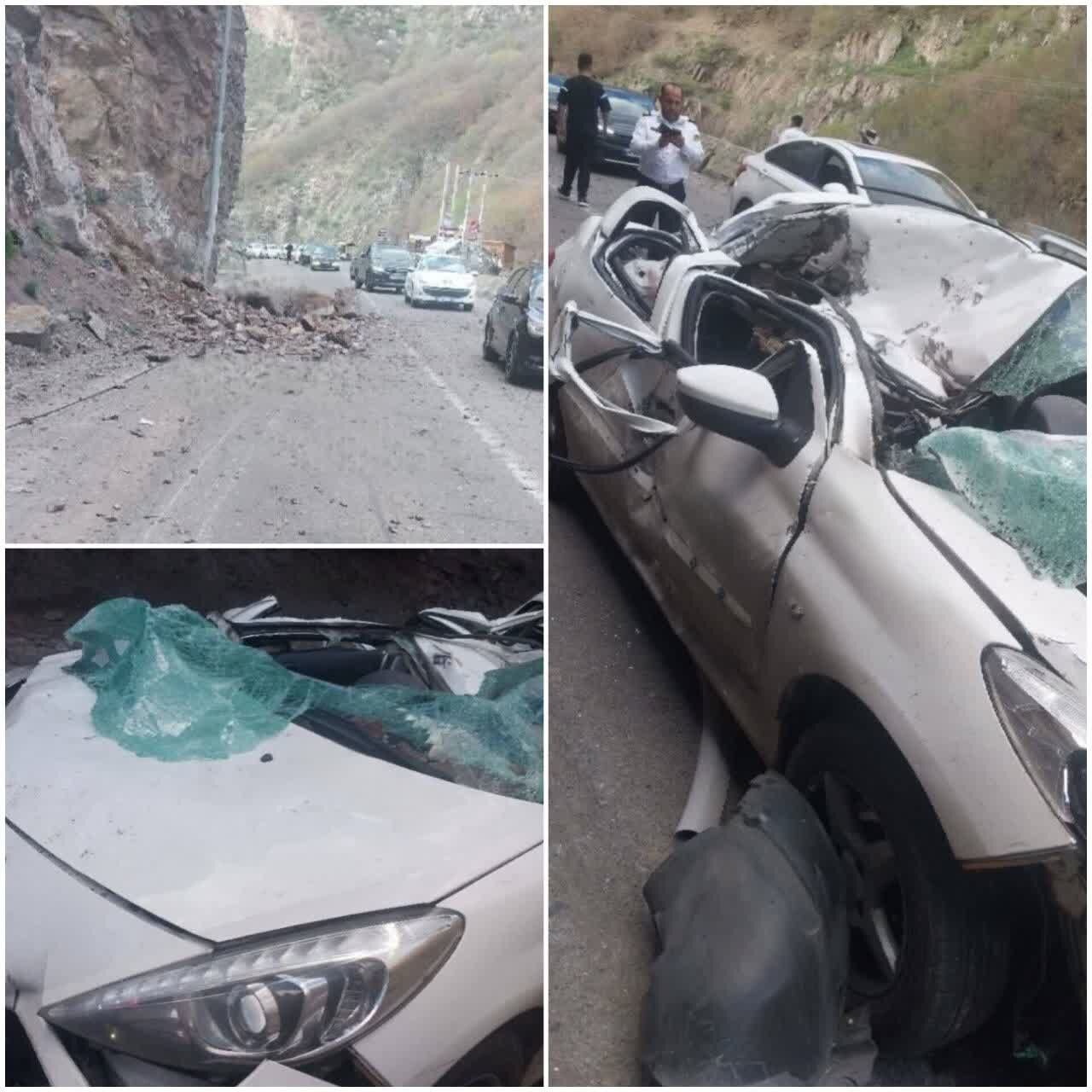 سقوط سنگ بر روی خودرو در جاده کندوان ۲ مصدوم برجا گذاشت
