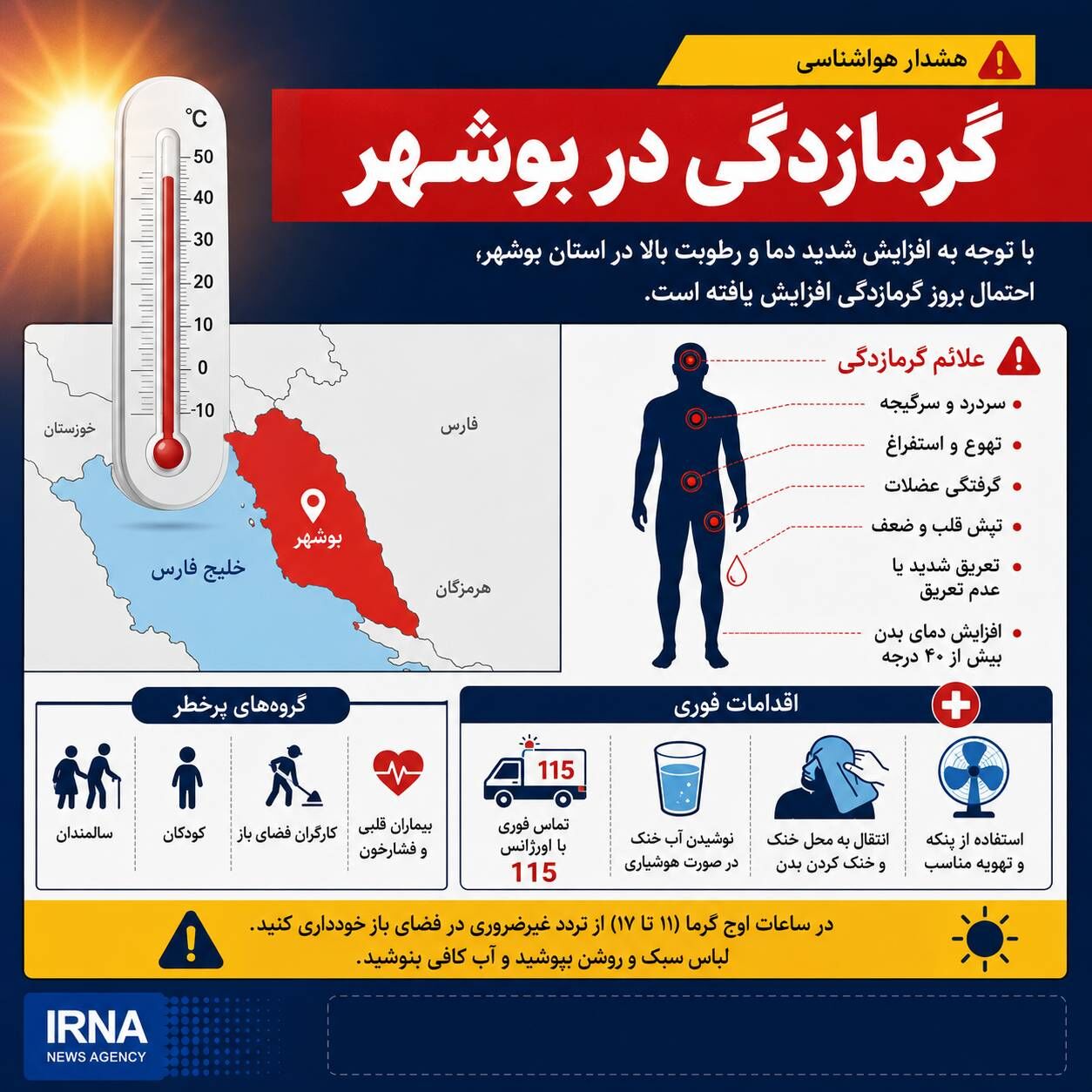 اینفوگرافیک/ گرمازدگی و راههای مقابله با آن در بوشهر اینفوگرافیک/ گرمازدگی و راههای مقابله با آن در بوشهر
