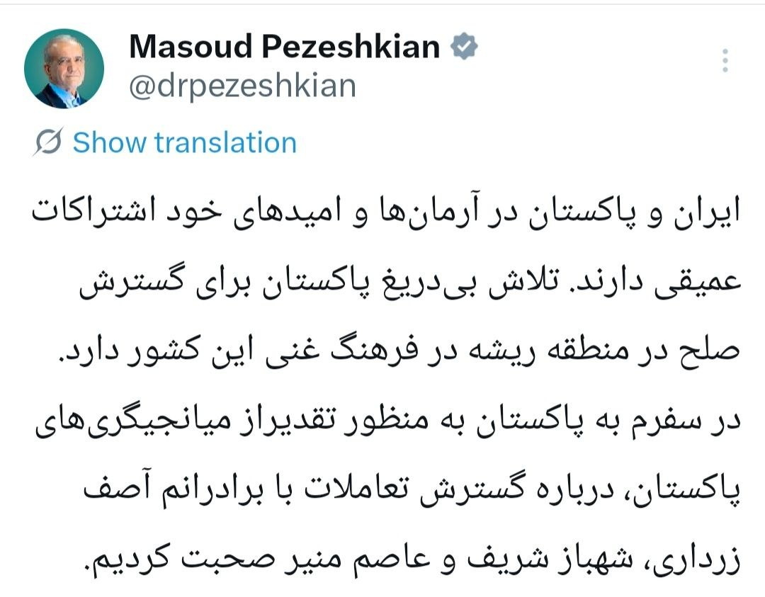 پزشکیان: ایران و پاکستان در آرمان های خود اشتراکات عمیقی دارند