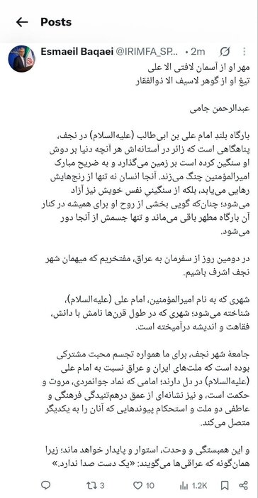 بقائی: نجف نماد پیوندهای عمیق فرهنگی و عاطفی ایران و عراق است