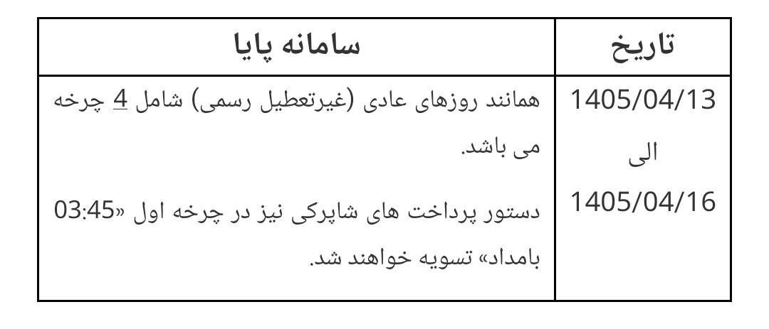 ساعات کاری سامانه پایا در ایام تشییع و خاکسپاری رهبر شهید انقلاب اعلام شد