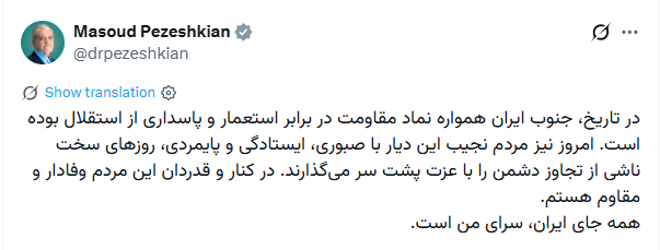 پزشکیان: در کنار و قدردان مردم وفادار و مقاوم جنوب هستم