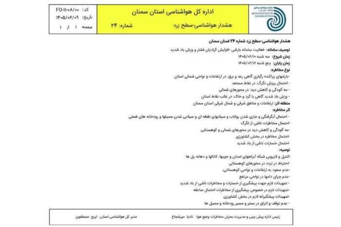 هشدار زرد هواشناسی برای سمنان؛ وزش باد شدید و گردوخاک در راه است