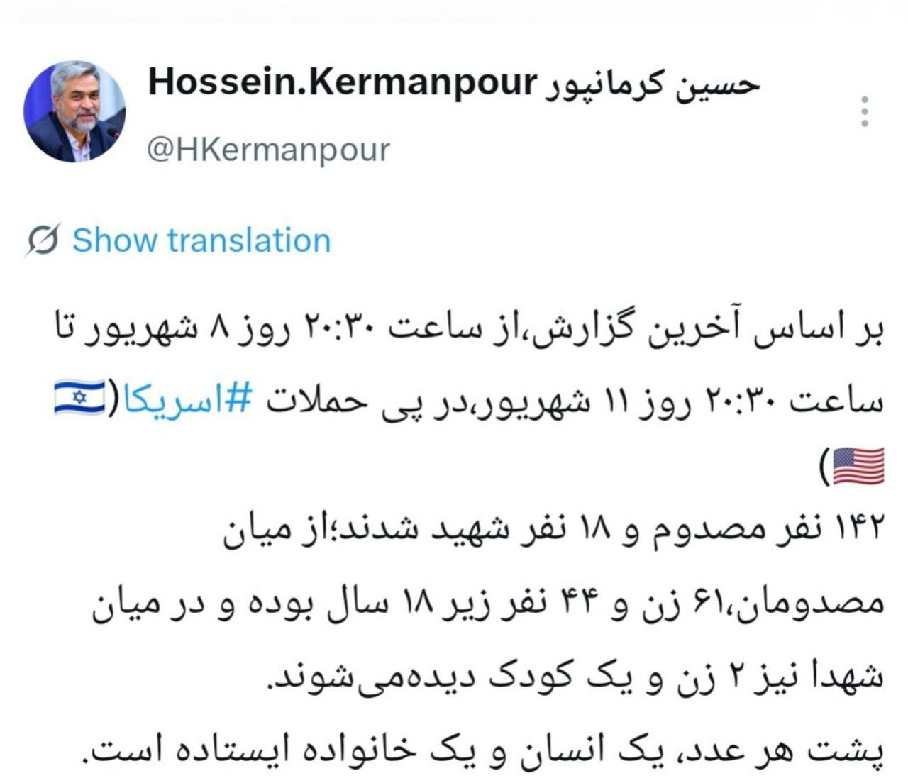 کرمانپور: حمله جنایتکارانه اخیر آمریکا ۱۸ شهید و ۱۴۲ زخمی برجای گذاشت