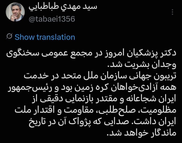 طباطبایی: پزشکیان شجاعانه بازنمایی دقیقی از مظلومیت وصلحطلبی ملت ایران داشت