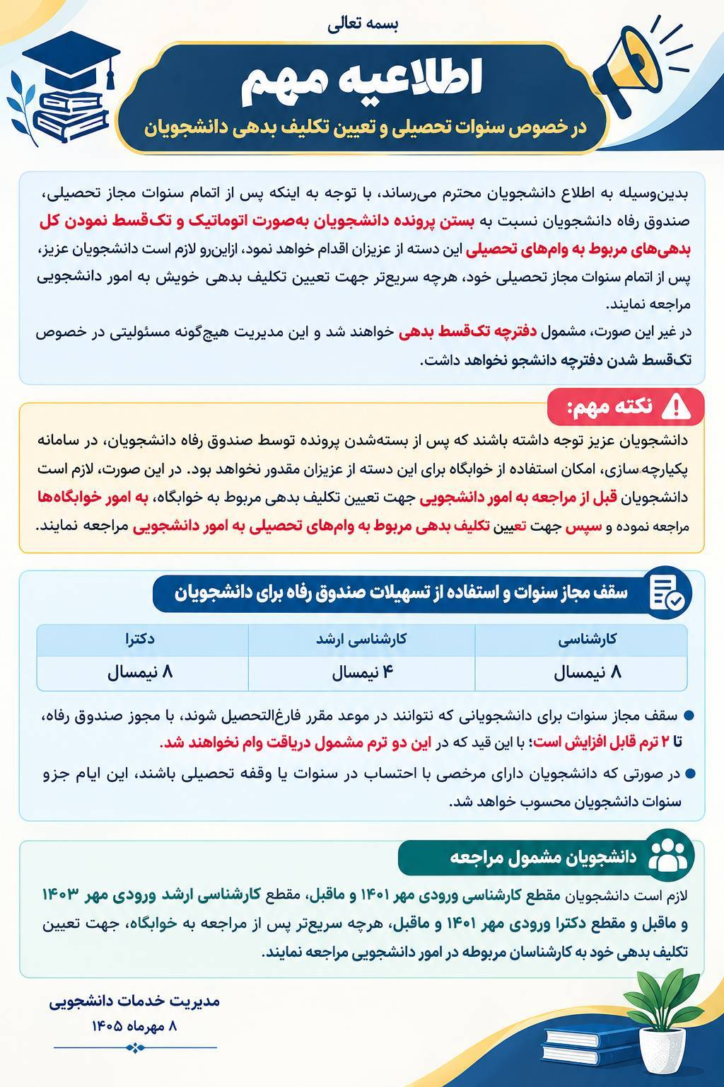 تعیین تکلیف بدهی و سقف سنوات مجاز دانشجویان دانشگاه شهید بهشتی