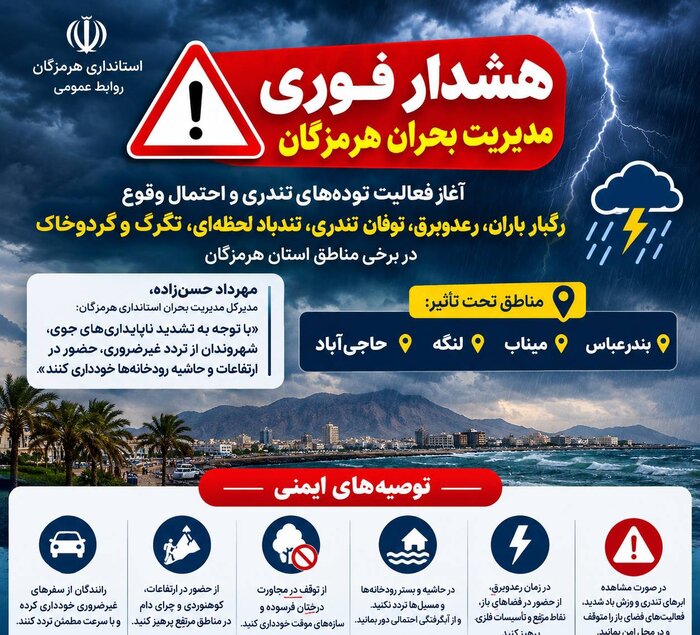 هشدار فوری مدیریت بحران هرمزگان؛ توده تندری چهار شهرستان را دربر میگیرد