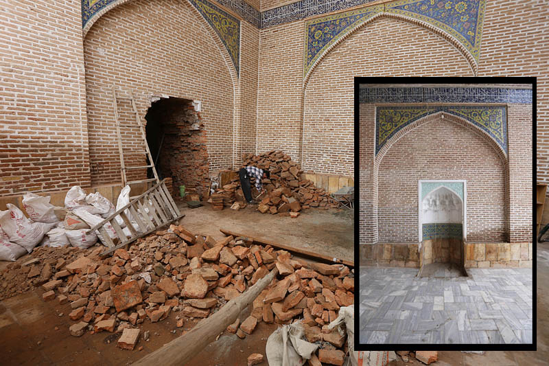 محراب تاریخی ایوان غربی مسجدالنبی قزوین تخریب شد