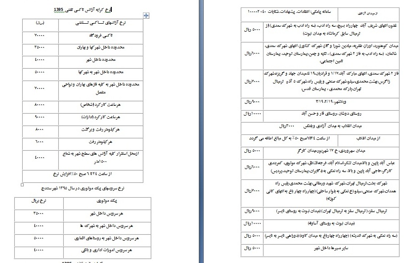 نرخ جديد كرايه تاكسي، وانت، آژانس تلفني و پيك موتوري در سنندج اعلام شد+جدول نرخ هاي جديد