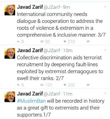 Zarif: Muslims entry ban, great gift to extremists Zarif: Muslims entry ban, great gift to extremists