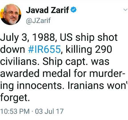 Zarif: Iranians won’t forget IR655 downing by US