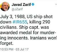 Zarif: Iranians won’t forget IR655 downing by US