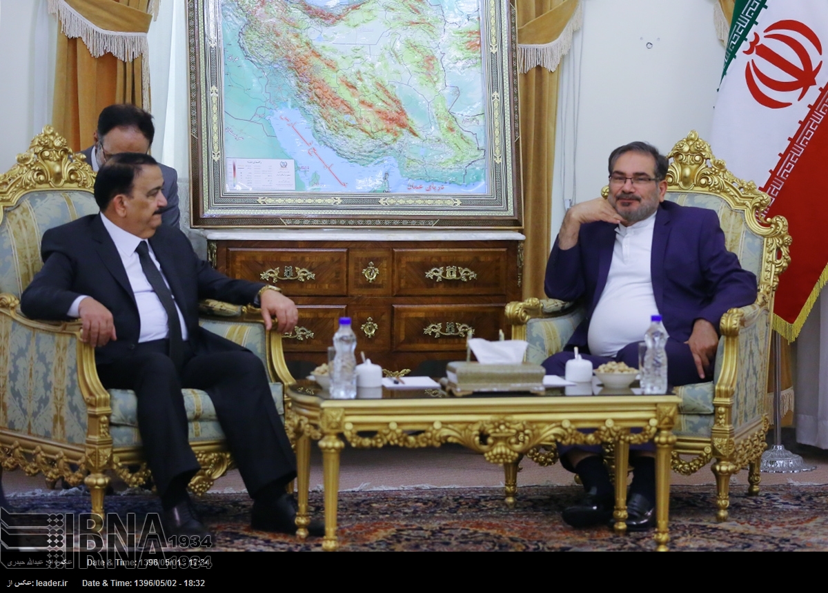 Secretary of the Supreme National Security Council Ali Shamkhani meeting Iraqi Defense Minister Erfan al-Hiyali in Tehran on July 23