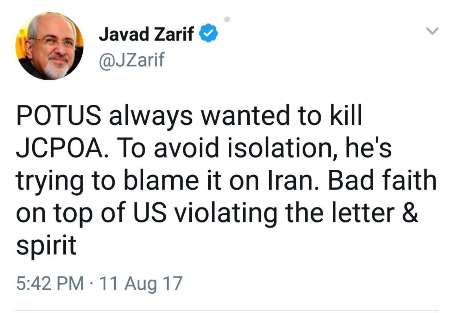 Zarif: US President trying to blame Iran to avoid isolation Zarif: US President trying to blame Iran to avoid isolation
