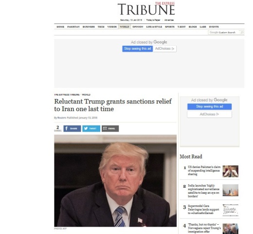 Pakistani media widely covers Trump’s extension in Iran sanctions relief Pakistani media widely covers Trump’s extension in Iran sanctions relief