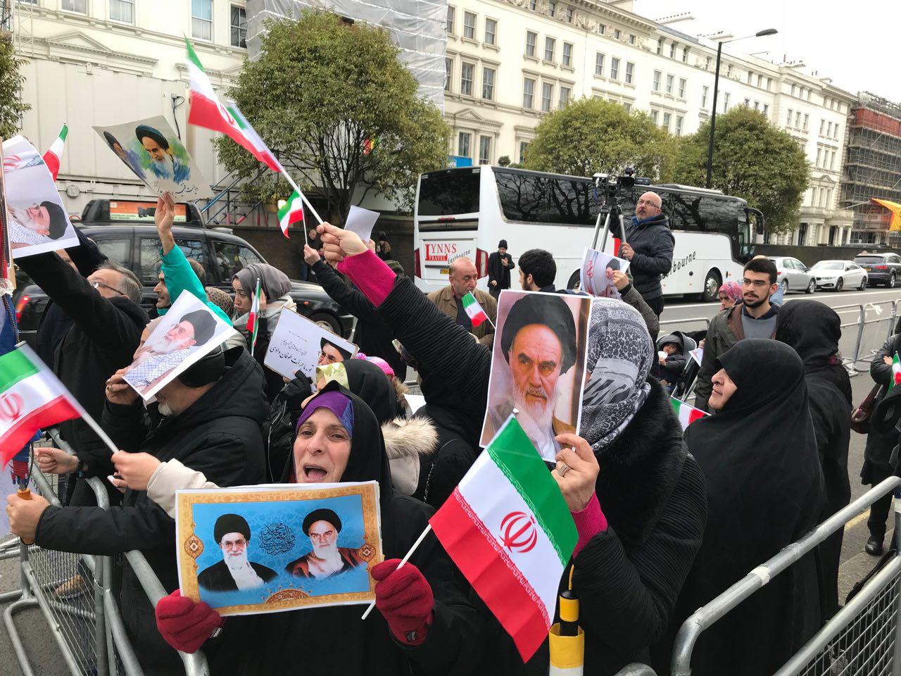 Pro-government protest in front of Iranian embassy in London