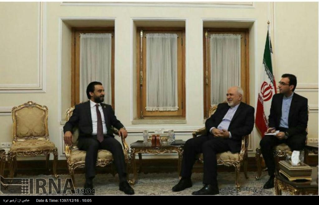 Zarif ve Irak Meclis Başkanı, Cumhurbaşkanı Ruhani’nin Irak ziyaretini görüştü Zarif ve Irak Meclis Başkanı, Cumhurbaşkanı Ruhani’nin Irak ziyaretini görüştü